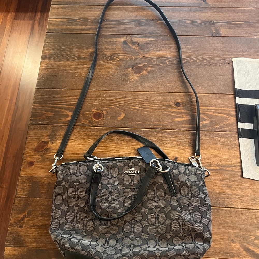 Coach Brown and Black Shoulder Bag with Signature Pattern